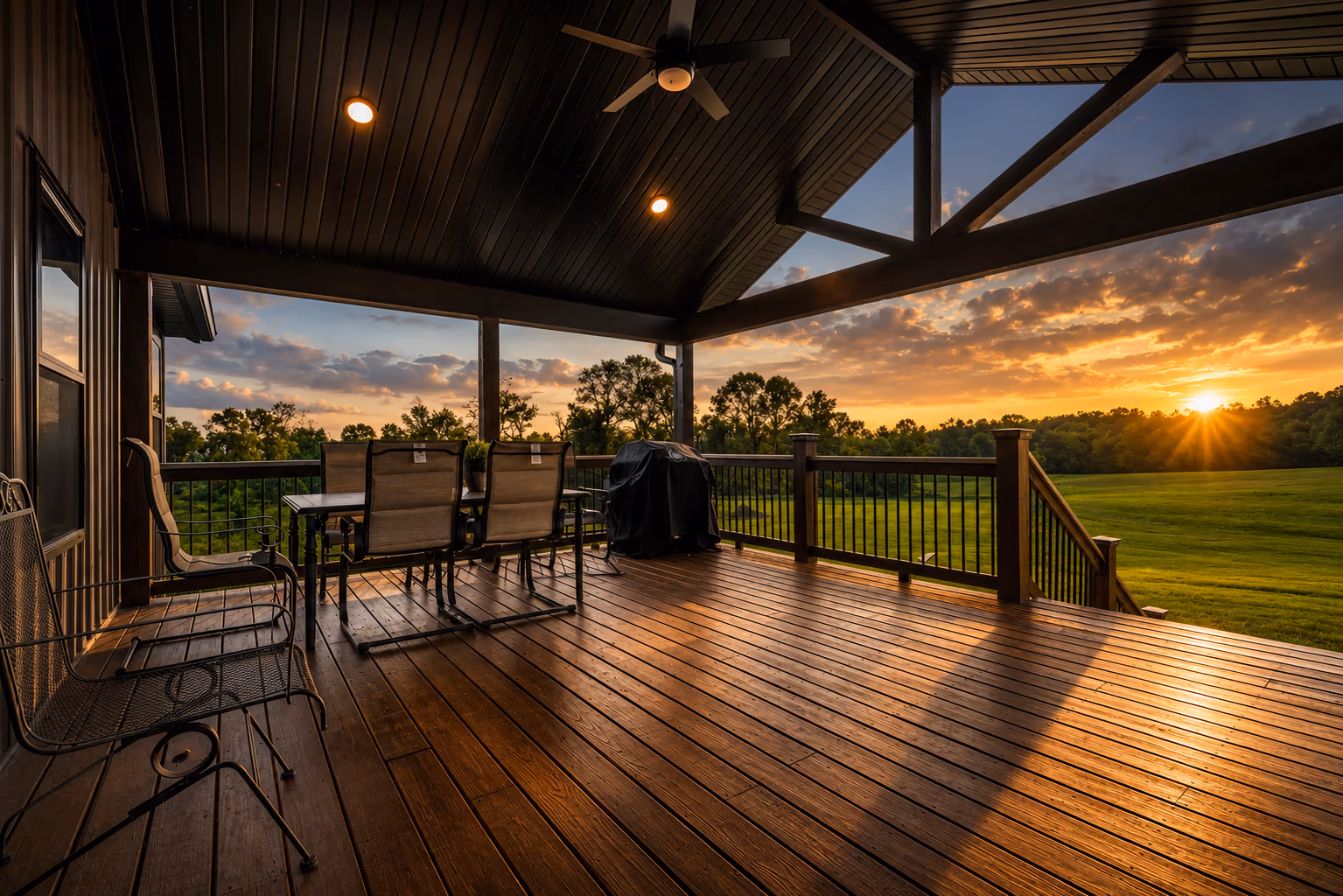 A covered timber deck at sunset, with a stained wood ceiling, recessed lights, a ceiling fan and a railing looking over open pasture